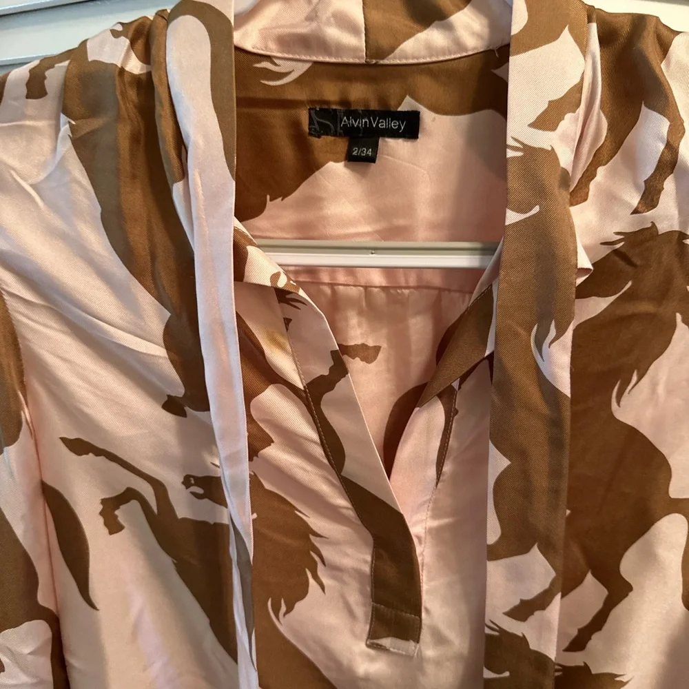 100% Silk Horse Print Long Sleeve Shirt Pink + Brown | Y2K Designer - Picture 8 of 12